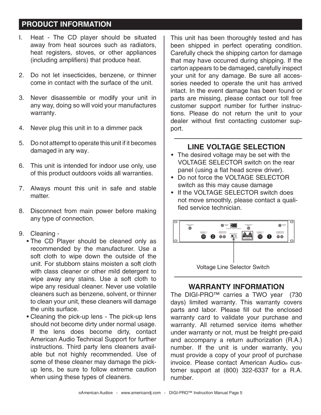 American Audio DIGI-PRO operating instructions Product Information, Line Voltage Selection 