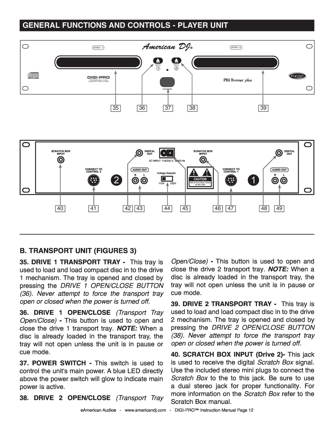 American Audio DIGI-PRO operating instructions General Functions And Controls - Player Unit, B. Transport Unit Figures 