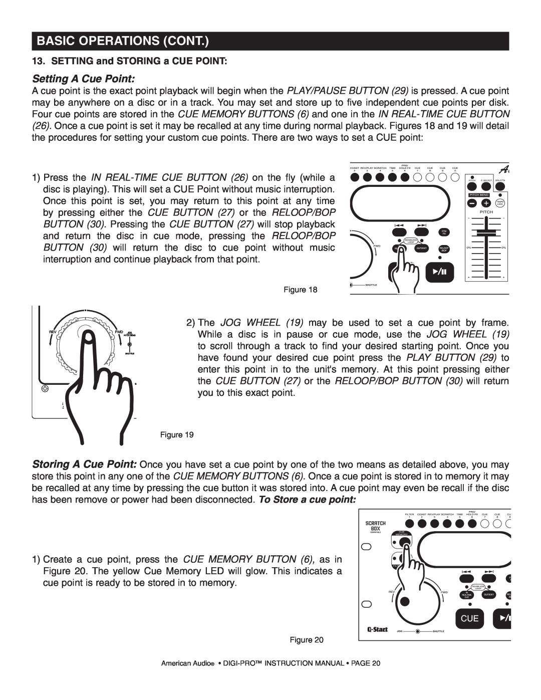 American Audio DIGI-PRO operating instructions Setting A Cue Point, Basic Operations Cont, SETTING and STORING a CUE POINT 