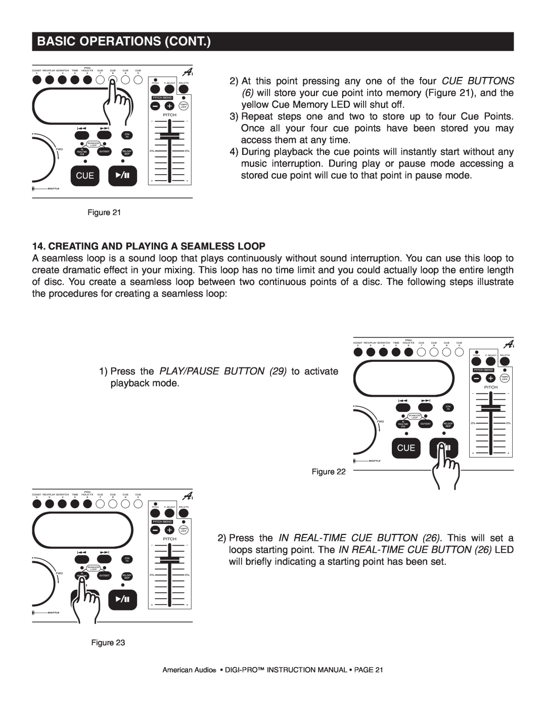 American Audio DIGI-PRO operating instructions Basic Operations Cont, Creating And Playing A Seamless Loop 