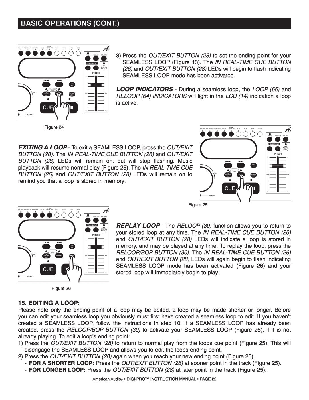 American Audio DIGI-PRO operating instructions Editing A Loop, Basic Operations Cont 