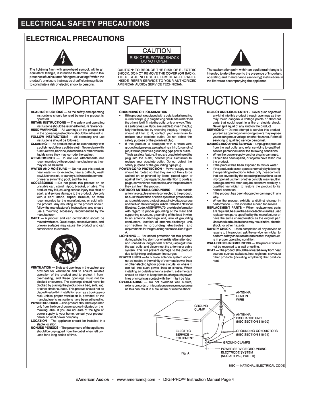 American Audio DIGI-PRO Electrical Precautions, Important Safety Instructions, Electrical Safety Precautions 