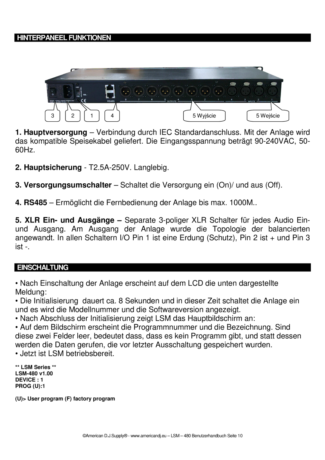 American Audio LSM  480 manual Hinterpaneel Funktionen 