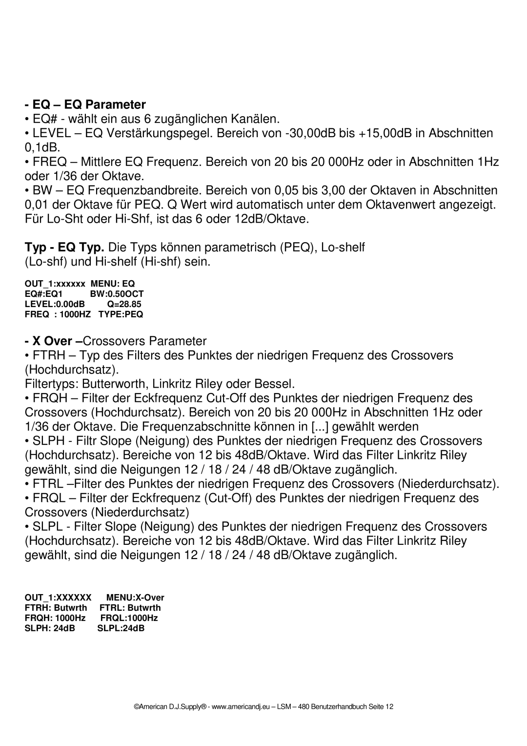 American Audio LSM  480 manual EQ EQ Parameter 