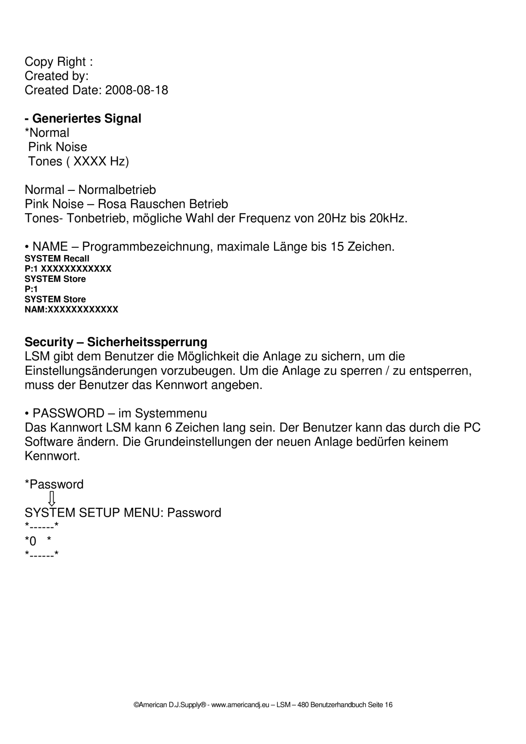 American Audio LSM  480 manual Generiertes Signal *Normal, Security Sicherheitssperrung 