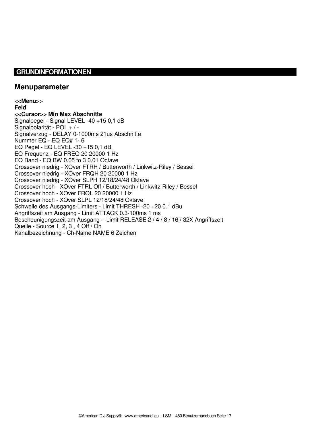 American Audio LSM  480 manual Menuparameter, Menu Feld Cursor Min Max Abschnitte 