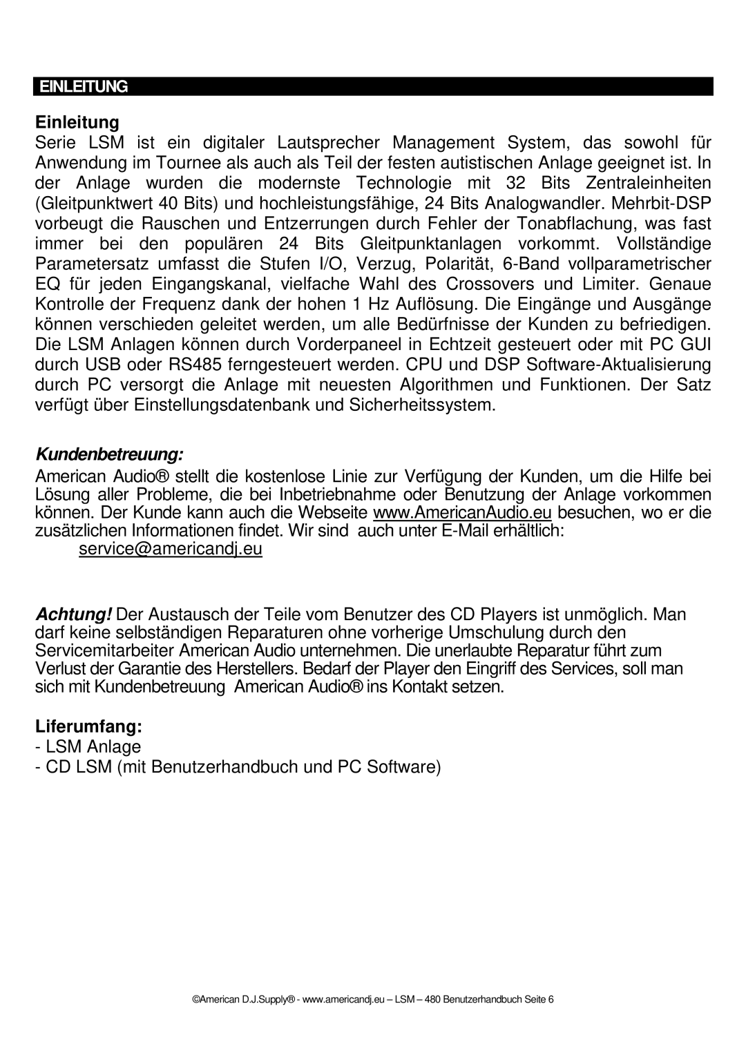 American Audio LSM  480 manual Einleitung, Liferumfang 