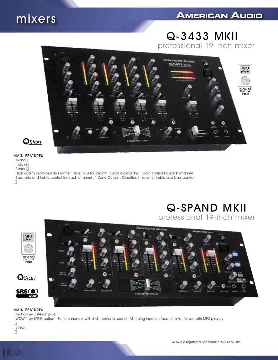 American Audio MCD-810 manual Mixers, Spand Mkii, Professional 19-inch mixer 