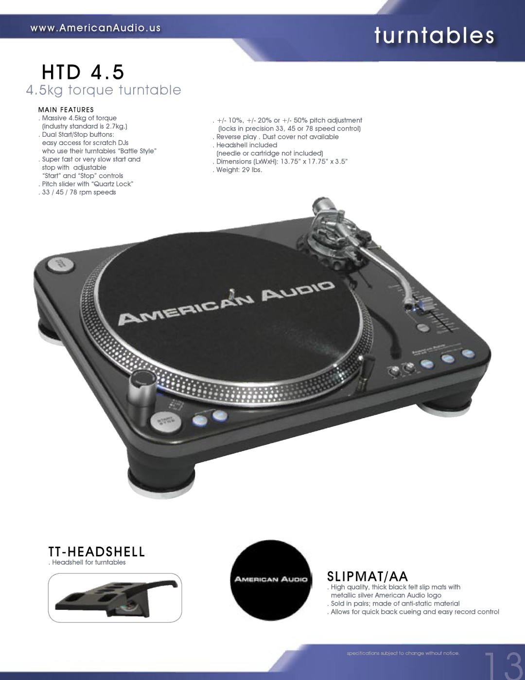 American Audio MCD-810 manual Turntables, Htd, 5kg torque turntable 