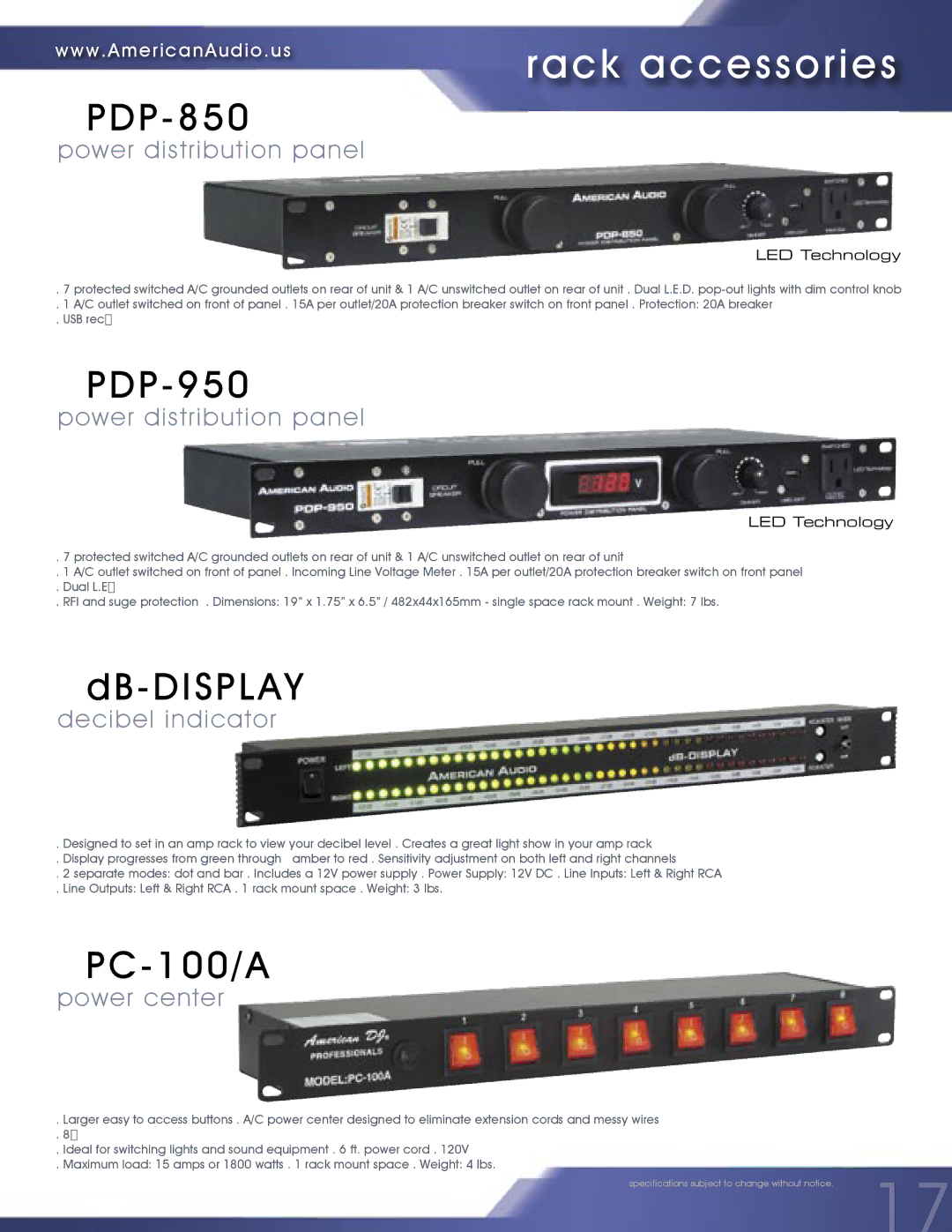 American Audio MCD-810 manual Rack accessories, PDP-850, PDP-950, Db-Display, PC-100/A 