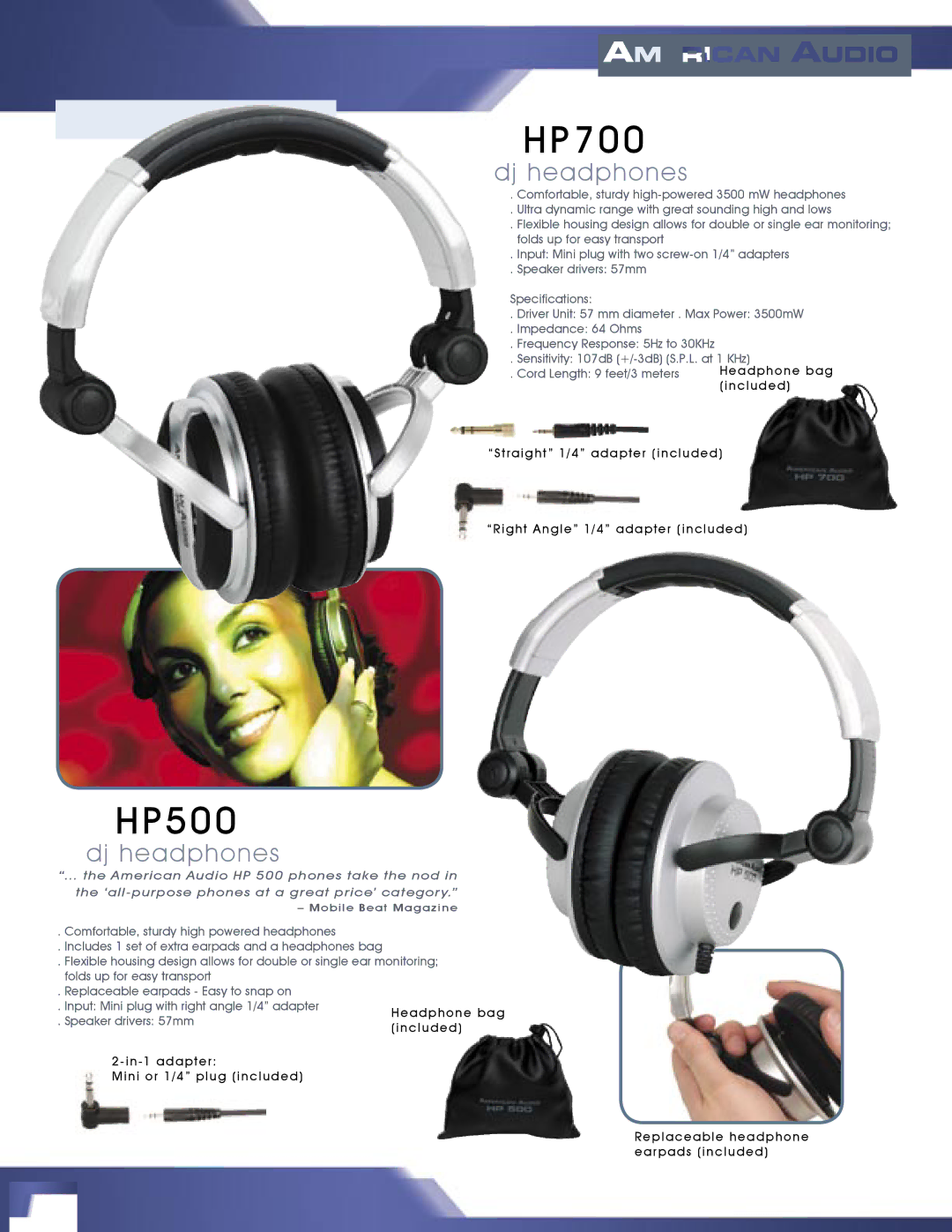 American Audio MCD-810 manual Headphones, HP700, HP500, Dj headphones 