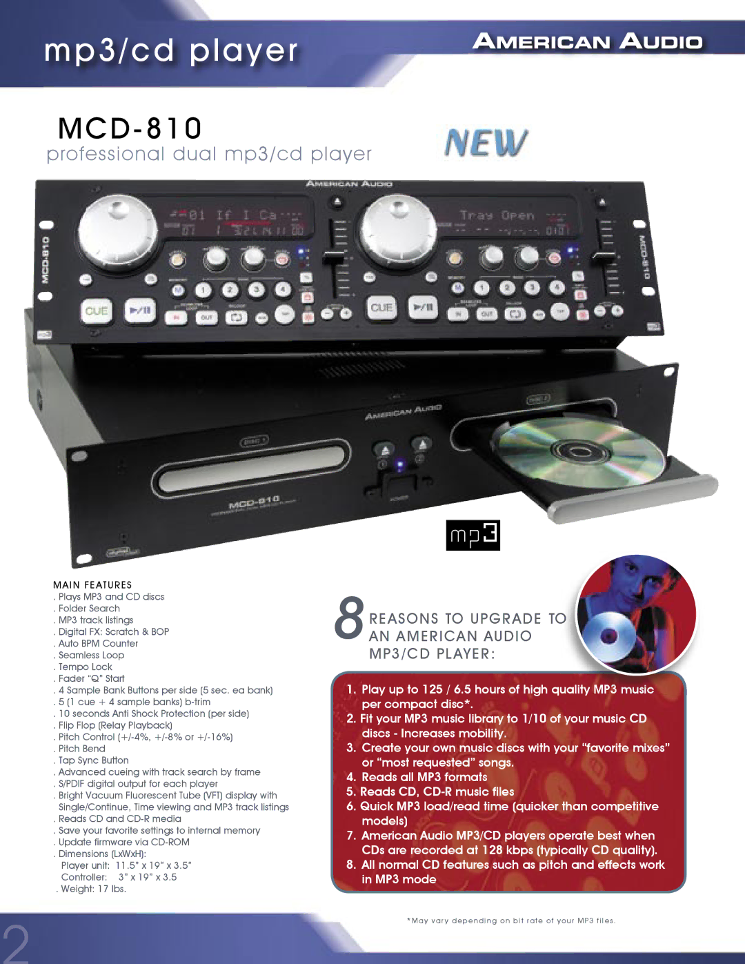 American Audio MCD-810 manual Mp3/cd player, Professional dual mp3/cd player, Main Features 