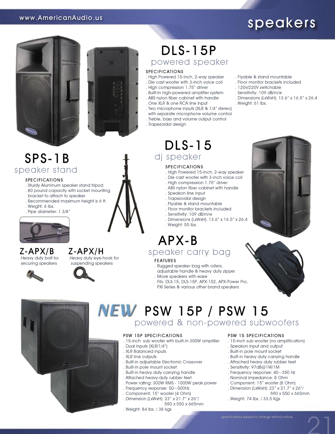 American Audio MCD-810 manual DLS-15P, SPS-1B, Apx-B, PSW 15P / PSW 