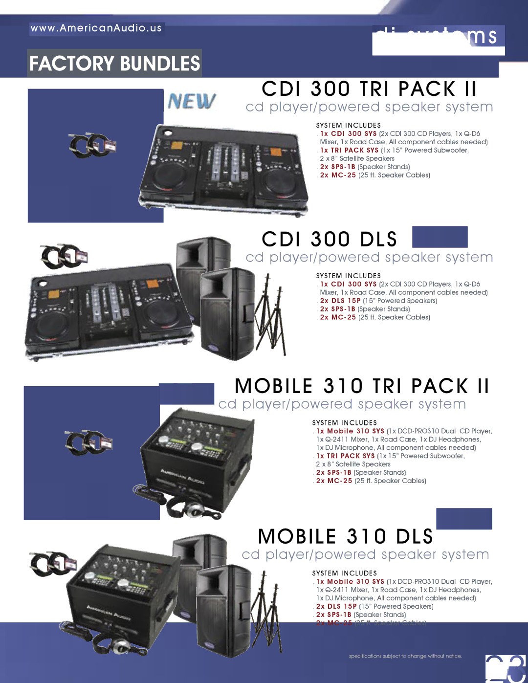 American Audio MCD-810 manual Dj systems, CDI 300 TRI Pack, CDI 300 DLS, Mobile 310 TRI Pack, Mobile 310 DLS 