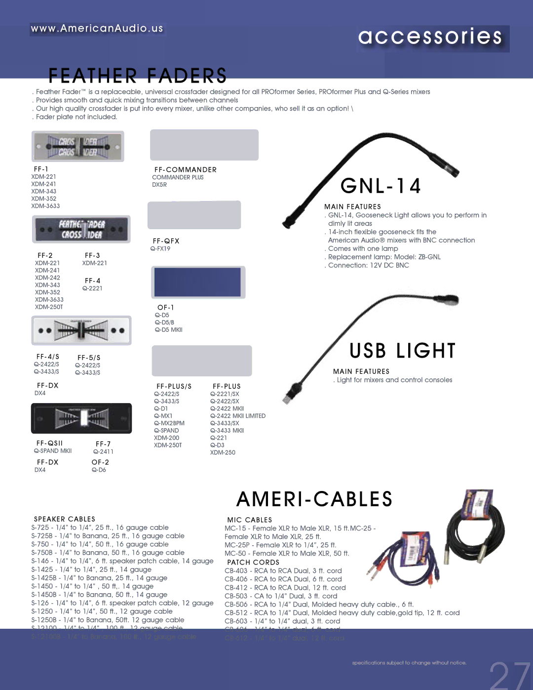 American Audio MCD-810 manual Accessories, Feather Faders, GNL-14, USB Light, Ameri-Cables 