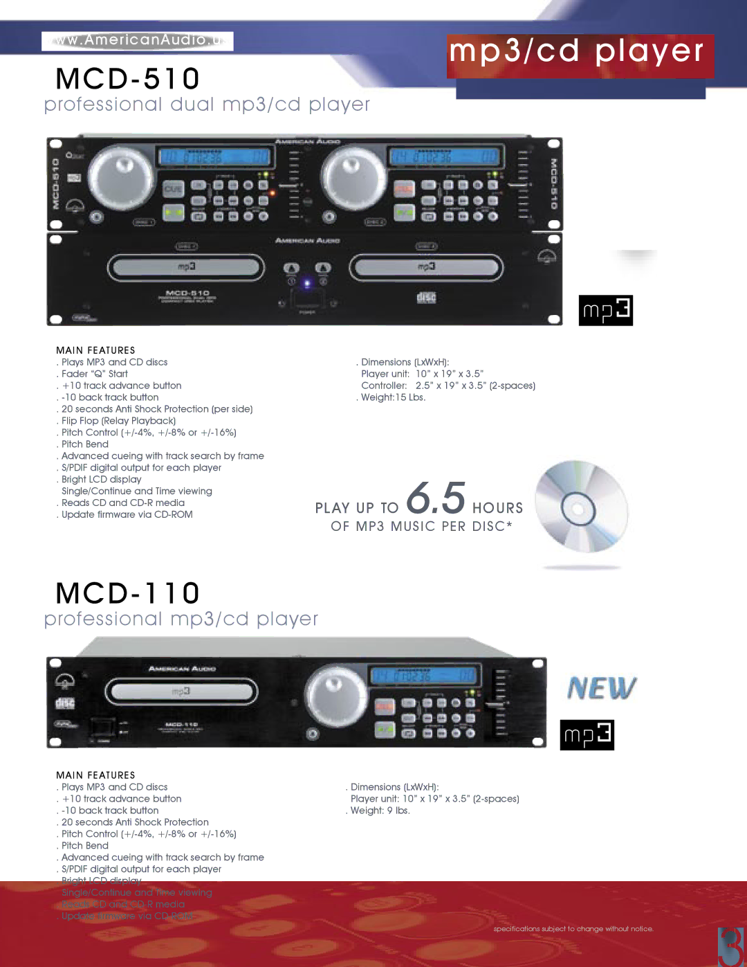 American Audio MCD-810 manual MCD-510, MCD-110, Professional mp3/cd player 