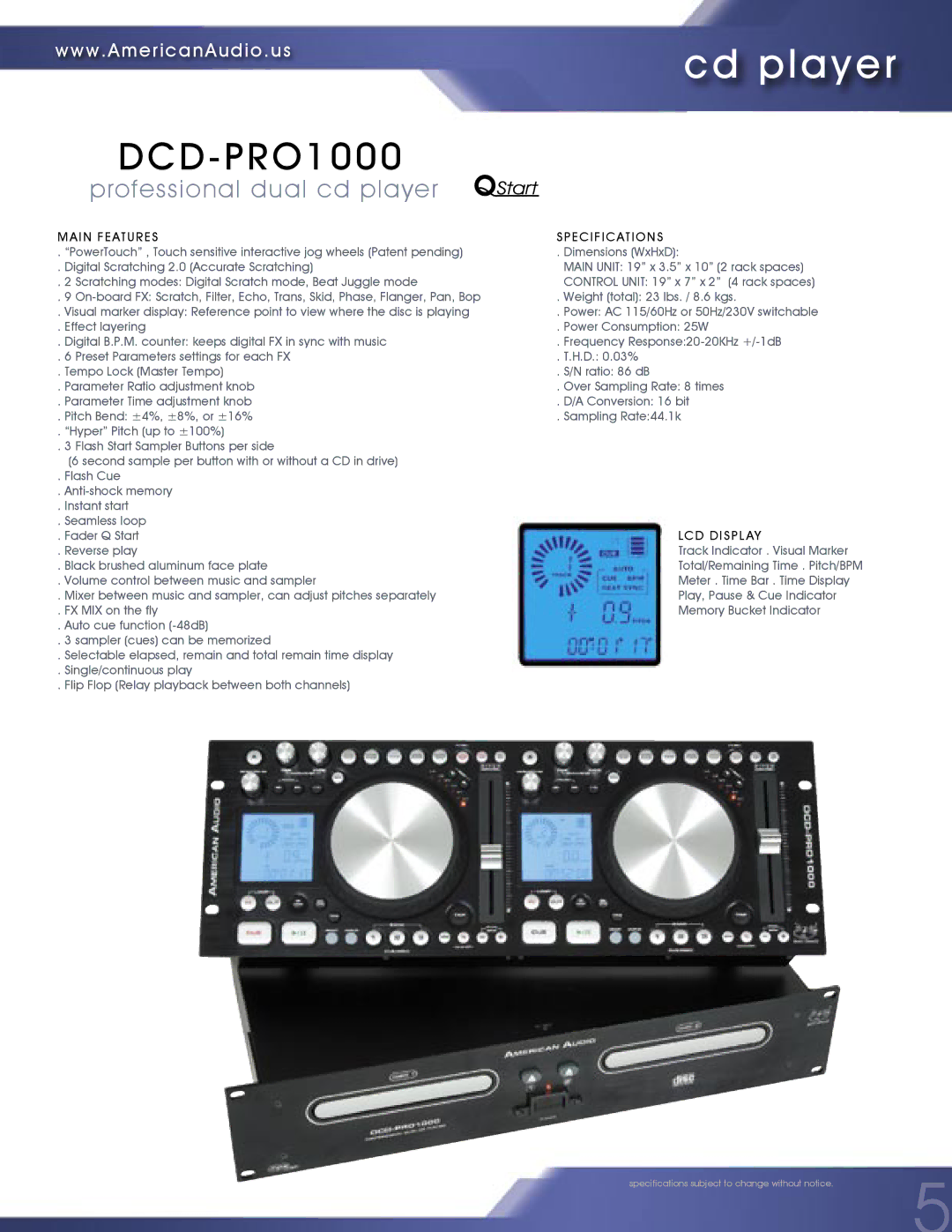 American Audio MCD-810 manual Cd player, DCD-PRO1000, Professional dual cd player, LCD Displ AY 