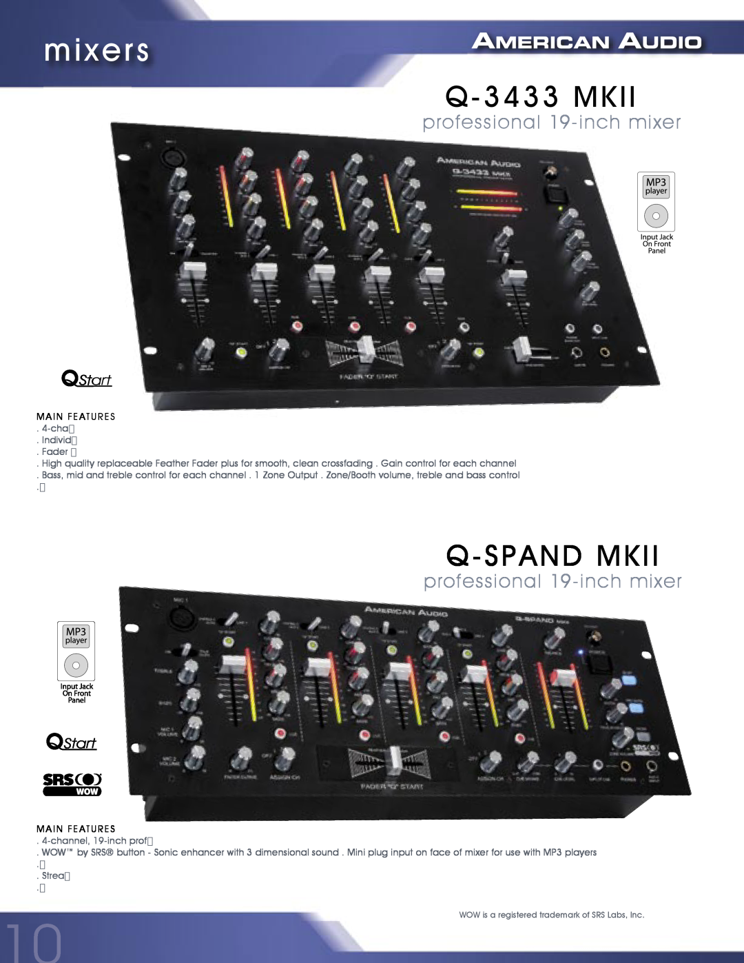 American Audio MCD-810 manual mixers, Q-3433MKII, Q-Spandmkii, professional 19-inchmixer 