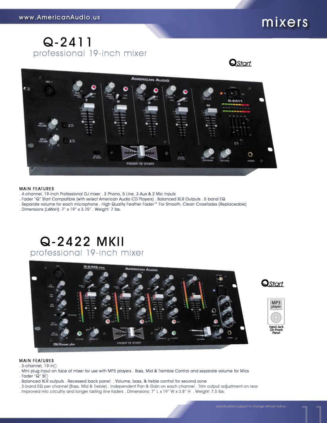 American Audio MCD-810 manual Q-2411, Q-2422MKII, mixers, professional 19-inchmixer 