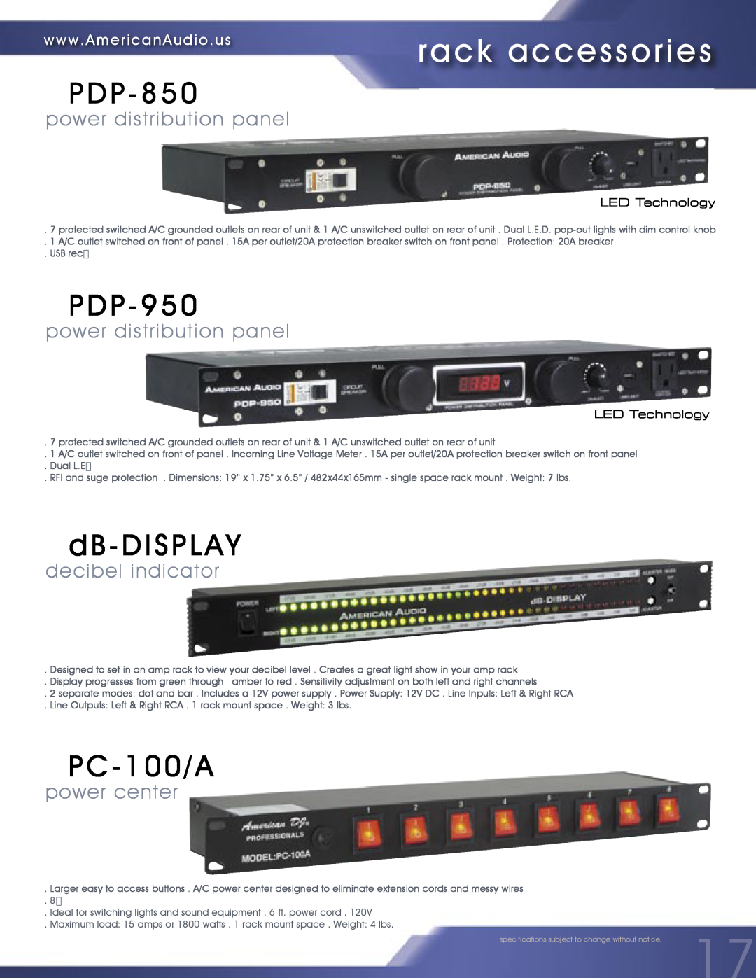 American Audio MCD-810 rack accessories, PDP-850, PDP-950, dB-DISPLAY, PC-100/A, power distribution panel, power center 