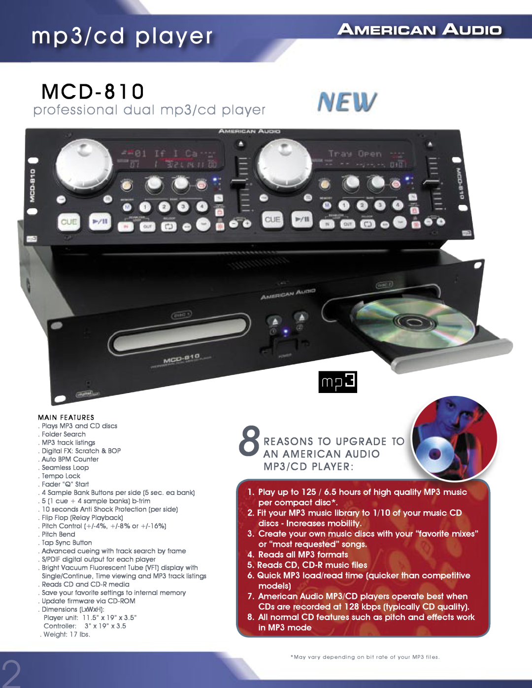 American Audio MCD-810 manual professional dual mp3/cd player, 8REASONS TO UPGRADE TO, AN AMERICAN AUDIO MP3/CD PL AYER 