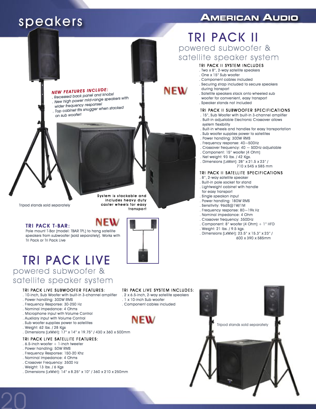 American Audio MCD-810 manual speakers, powered subwoofer & satellite speaker system, Tri Pack Live, Tri Pack T- Bar 