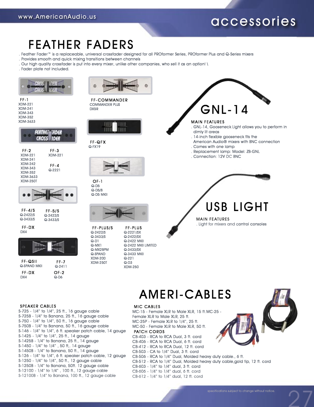 American Audio MCD-810 manual accessories, Feather Faders, GNL-14, Usb Light, Ameri-Cables 