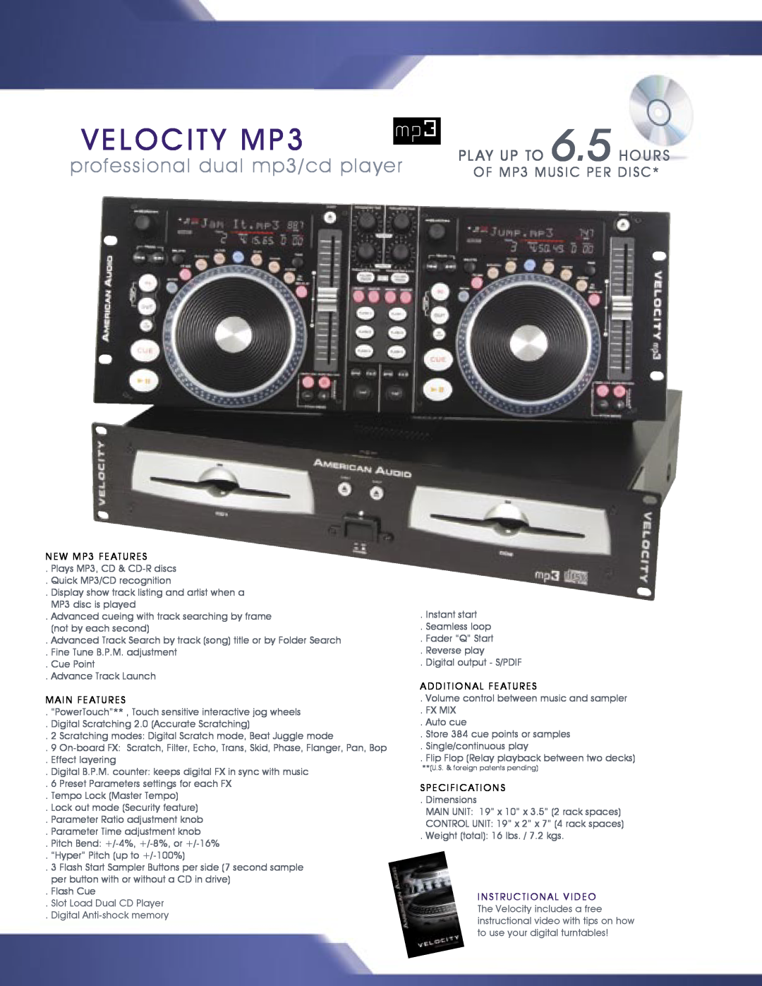 American Audio MCD-810 VELOCITY MP3, professional dual mp3/cd player, PL AY UP TO 6.5 HOURS, OF MP3 MUSIC PER DISC 
