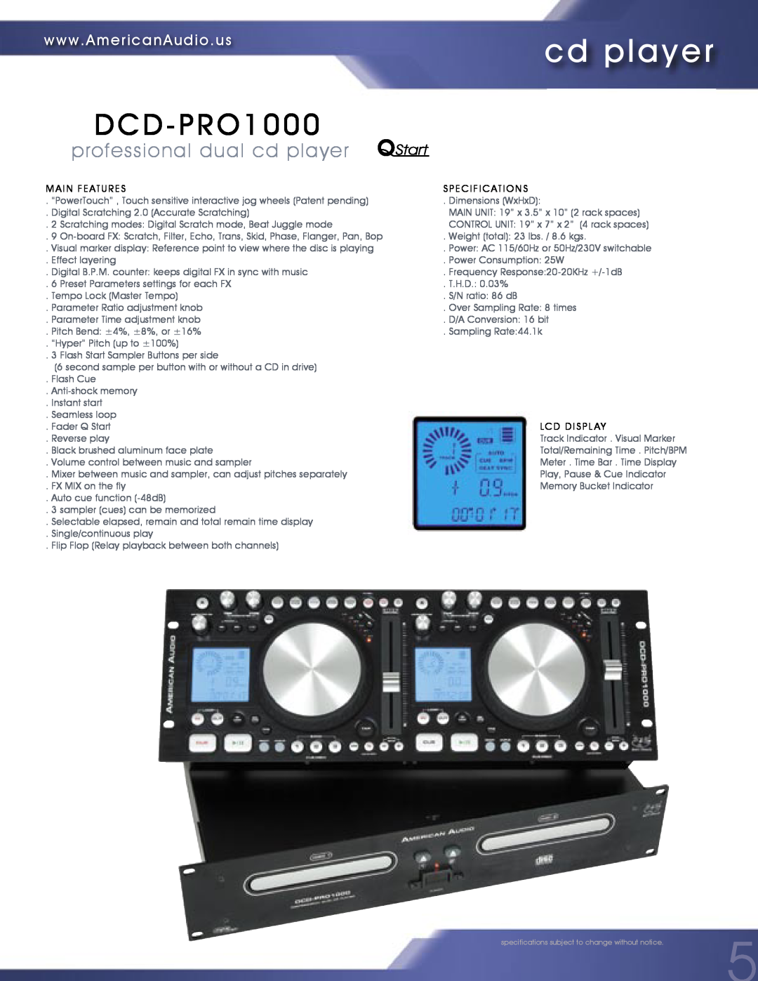 American Audio MCD-810 manual DCD-PRO1000, professional dual cd player 