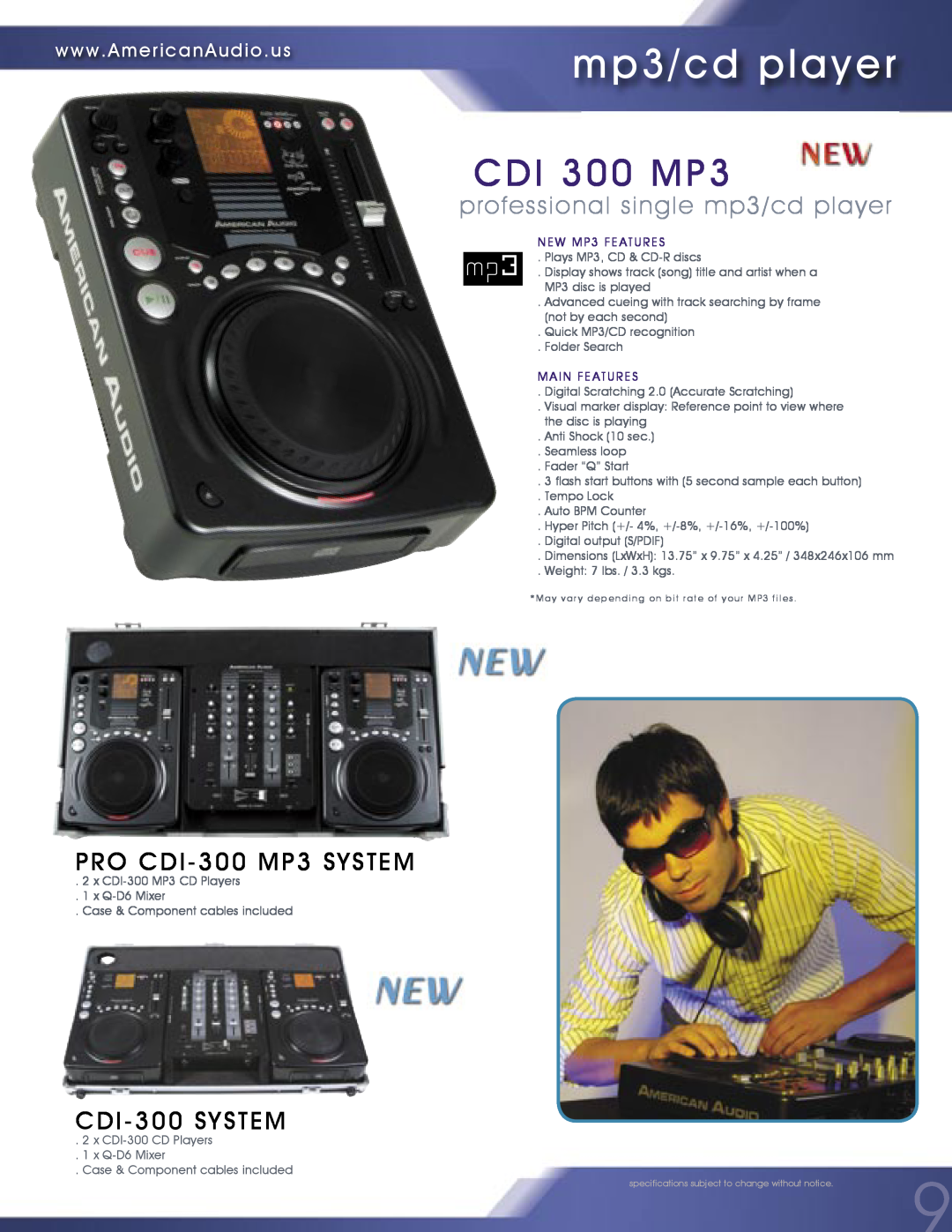 American Audio MCD-810 manual CDI 300 MP3, PRO CDI-300MP3 SYSTEM, CDI-300SYSTEM, professional single mp3/cd player 