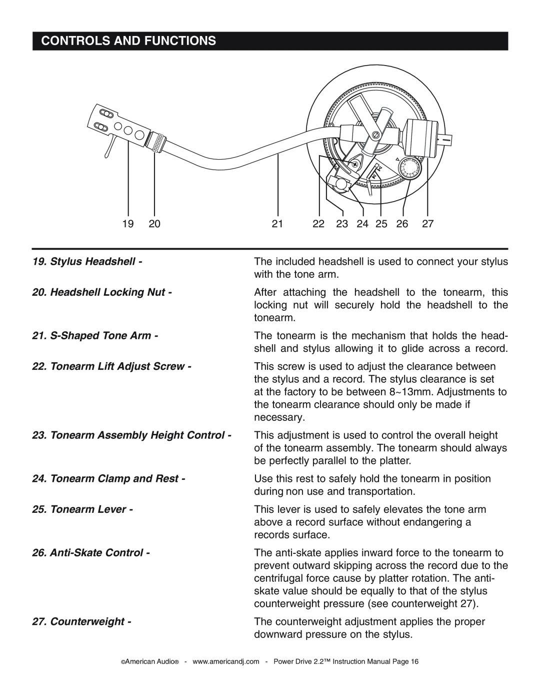 American Audio POWERDRIVE22.pdf manual Stylus Headshell, Headshell Locking Nut, S-ShapedTone Arm, Tonearm Lift Adjust Screw 