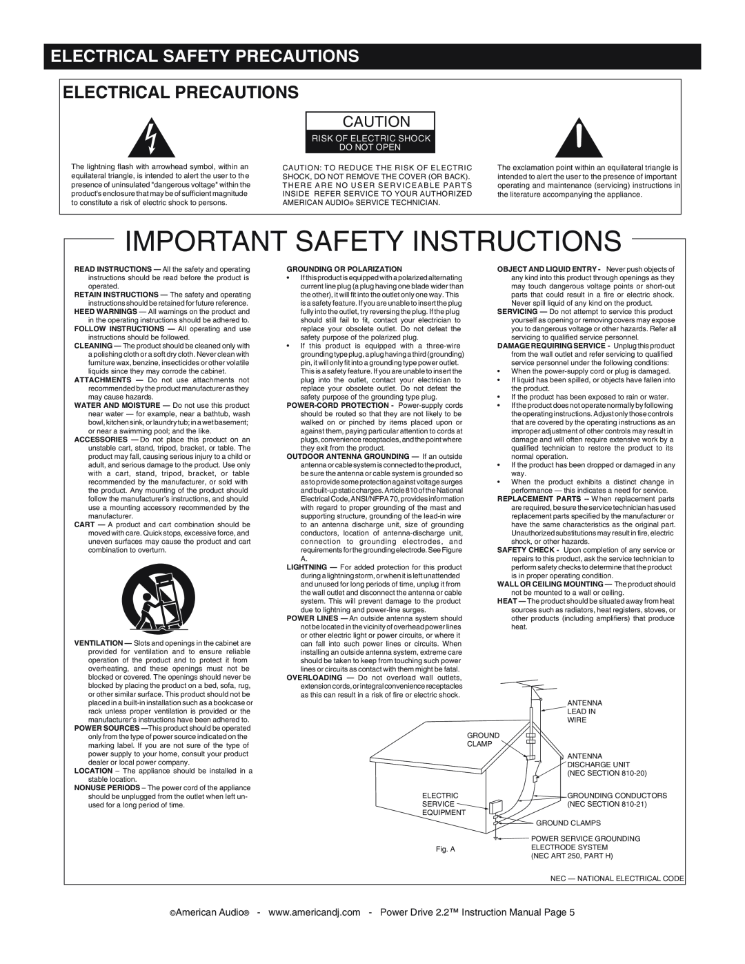 American Audio POWERDRIVE22.pdf manual Electrical Precautions, Important Safety Instructions, Electrical Safety Precautions 