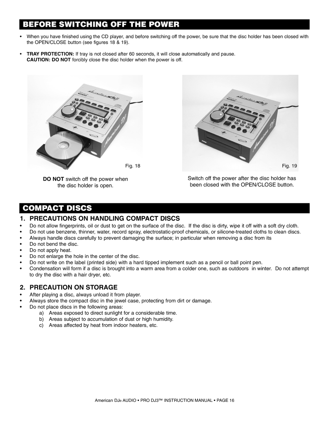 American Audio PRO DJ 3 manual Before Switching OFF the Power, Compact Discs 