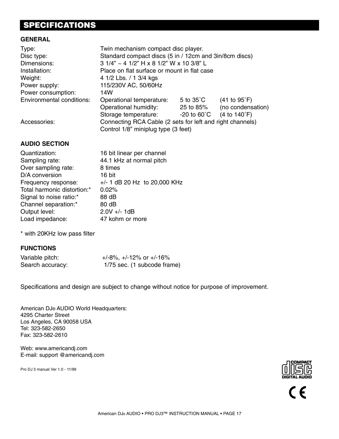 American Audio PRO DJ 3 manual Specifications, General, Audio Section, Functions 