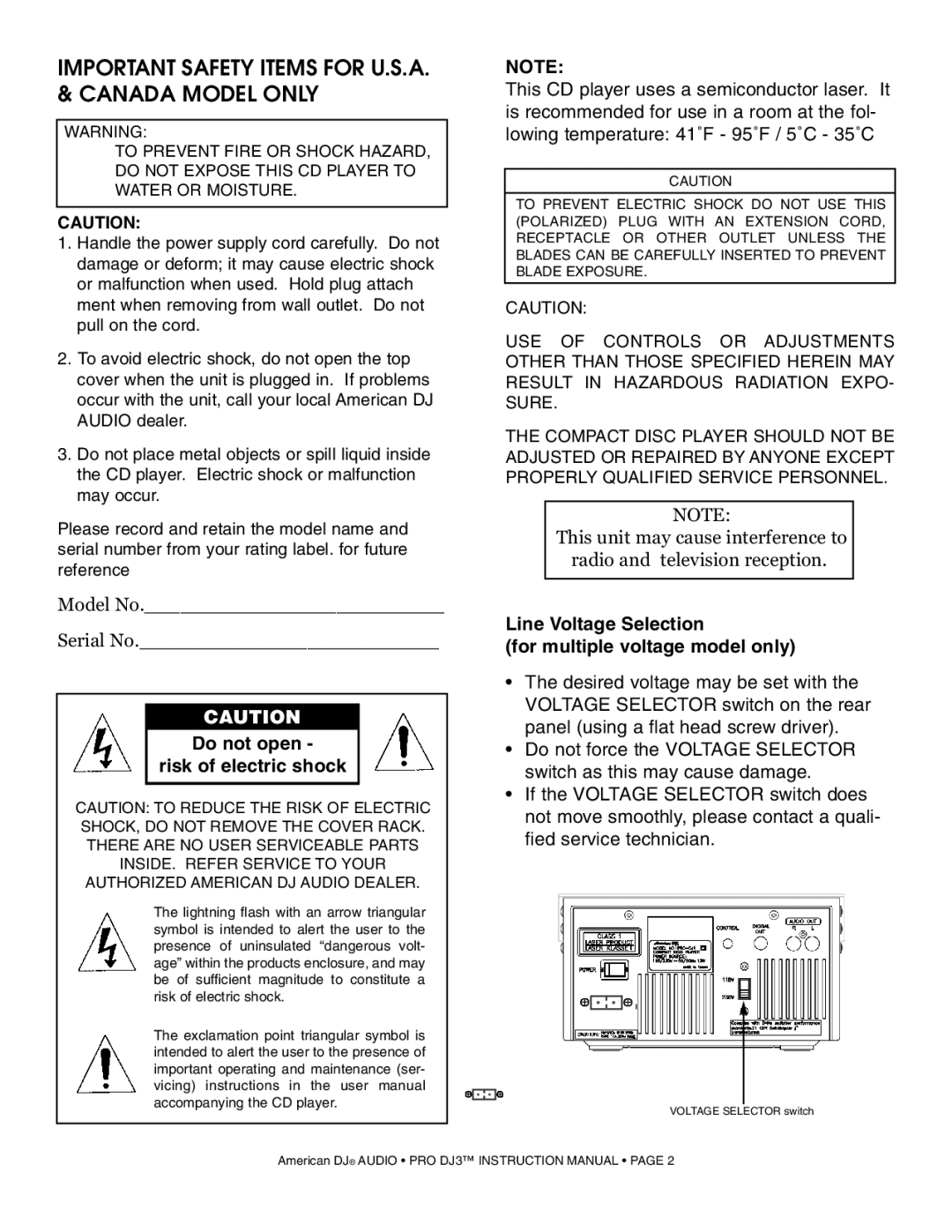 American Audio PRO DJ 3 manual Important Safety Items for U.S.A. & Canada Model only 