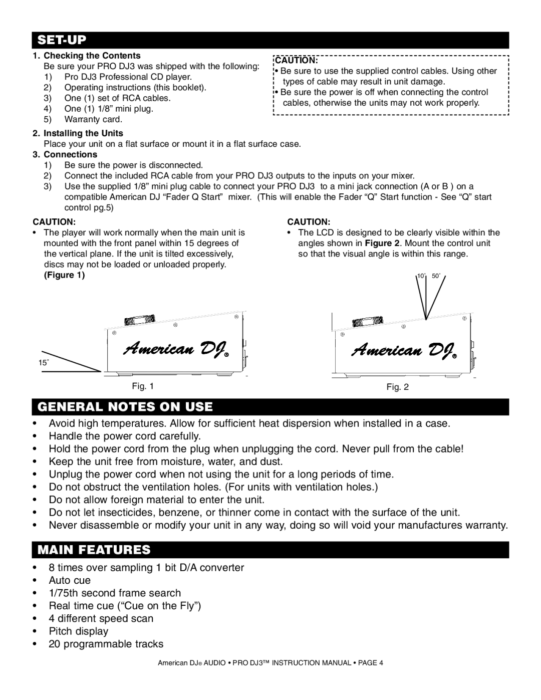 American Audio PRO DJ 3 manual Set-Up, General Notes on USE, Main Features 