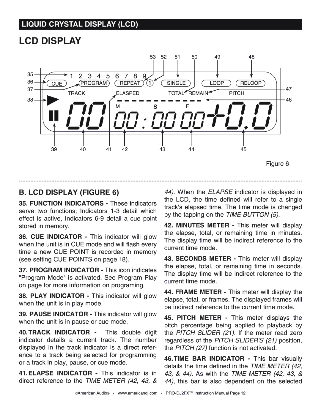 American Audio PRO-DJ2FX operating instructions LCD Display, Liquid Crystal Display LCD 