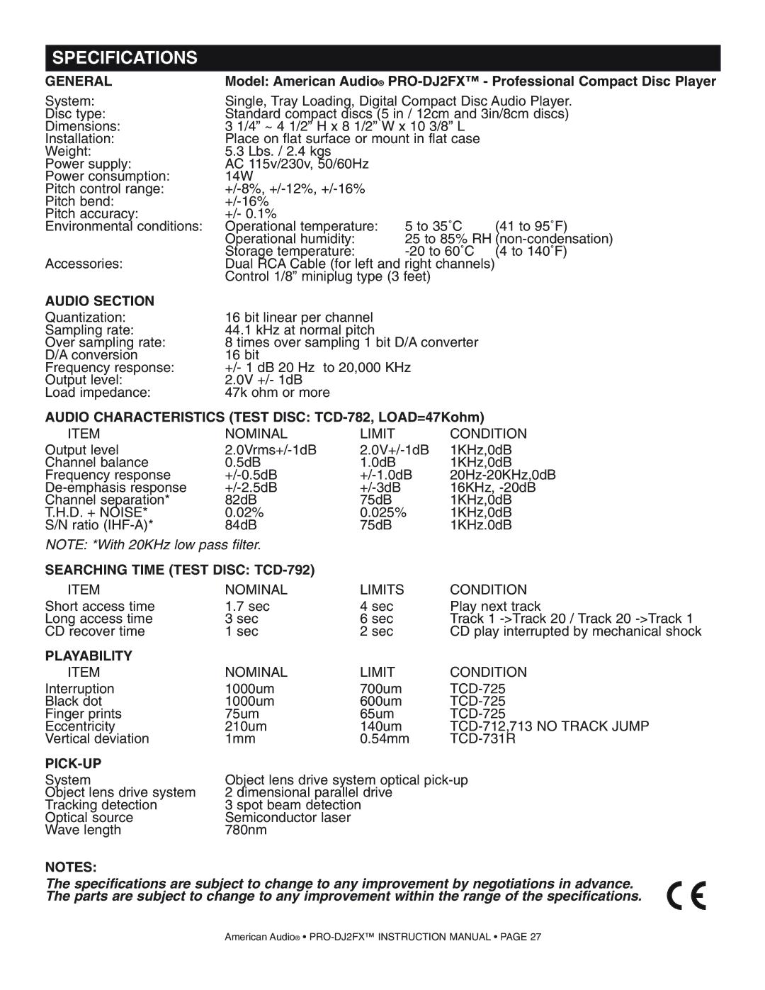 American Audio PRO-DJ2FX operating instructions Specifications 