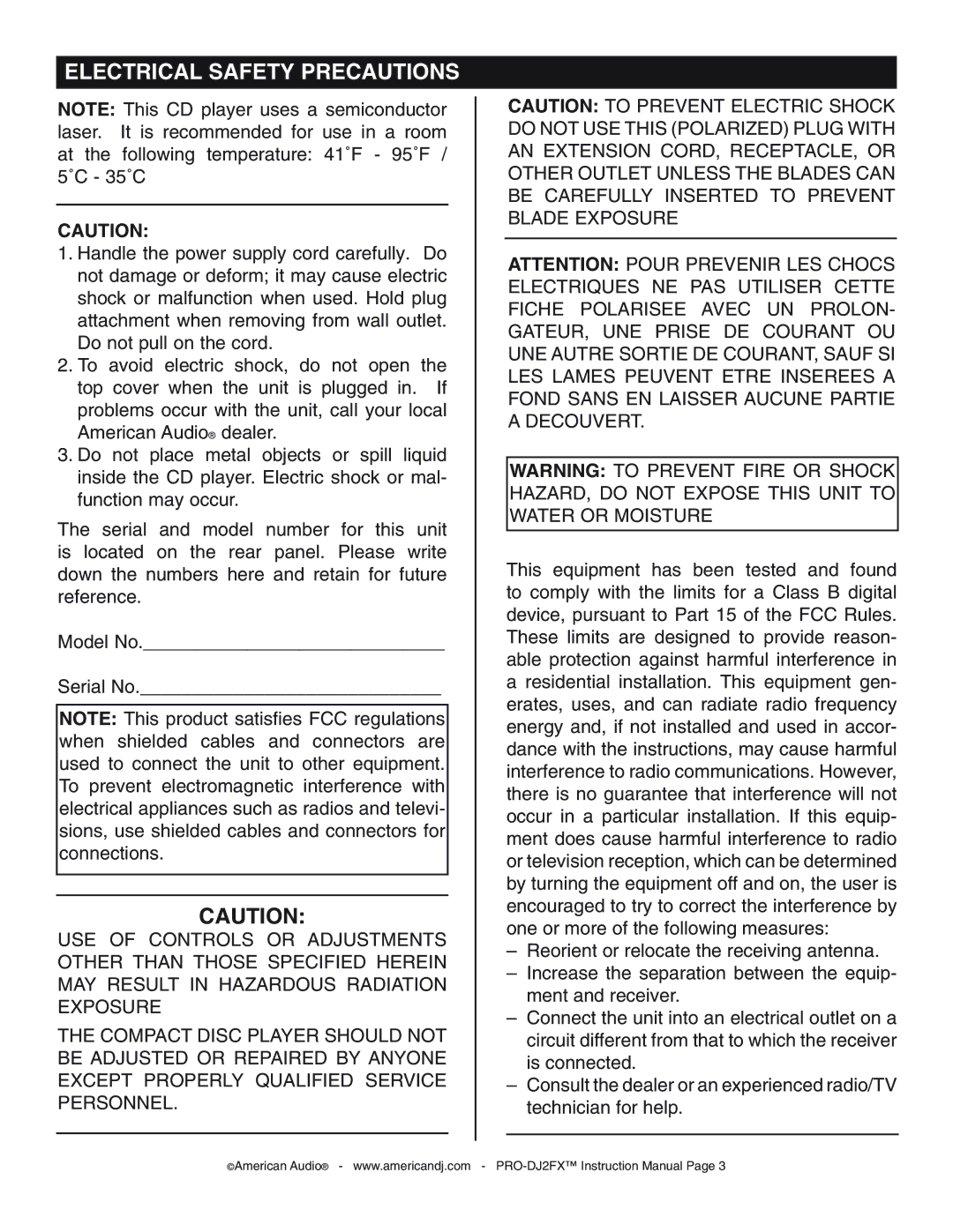 American Audio PRO-DJ2FX operating instructions Electrical Safety Precautions 