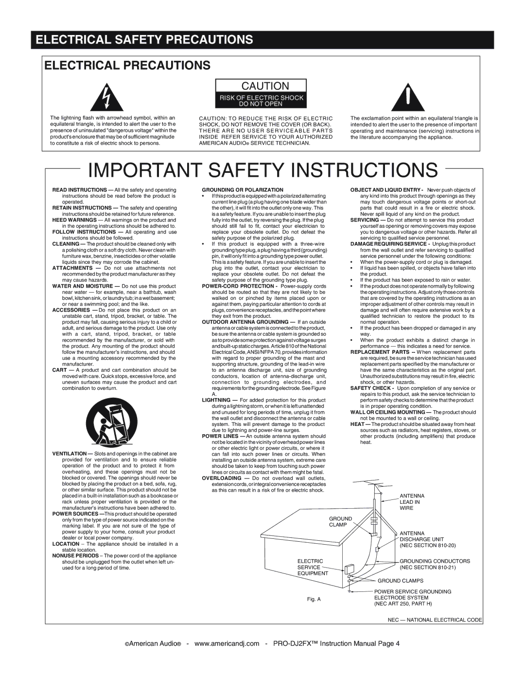 American Audio PRO-DJ2FX operating instructions Important Safety Instructions 