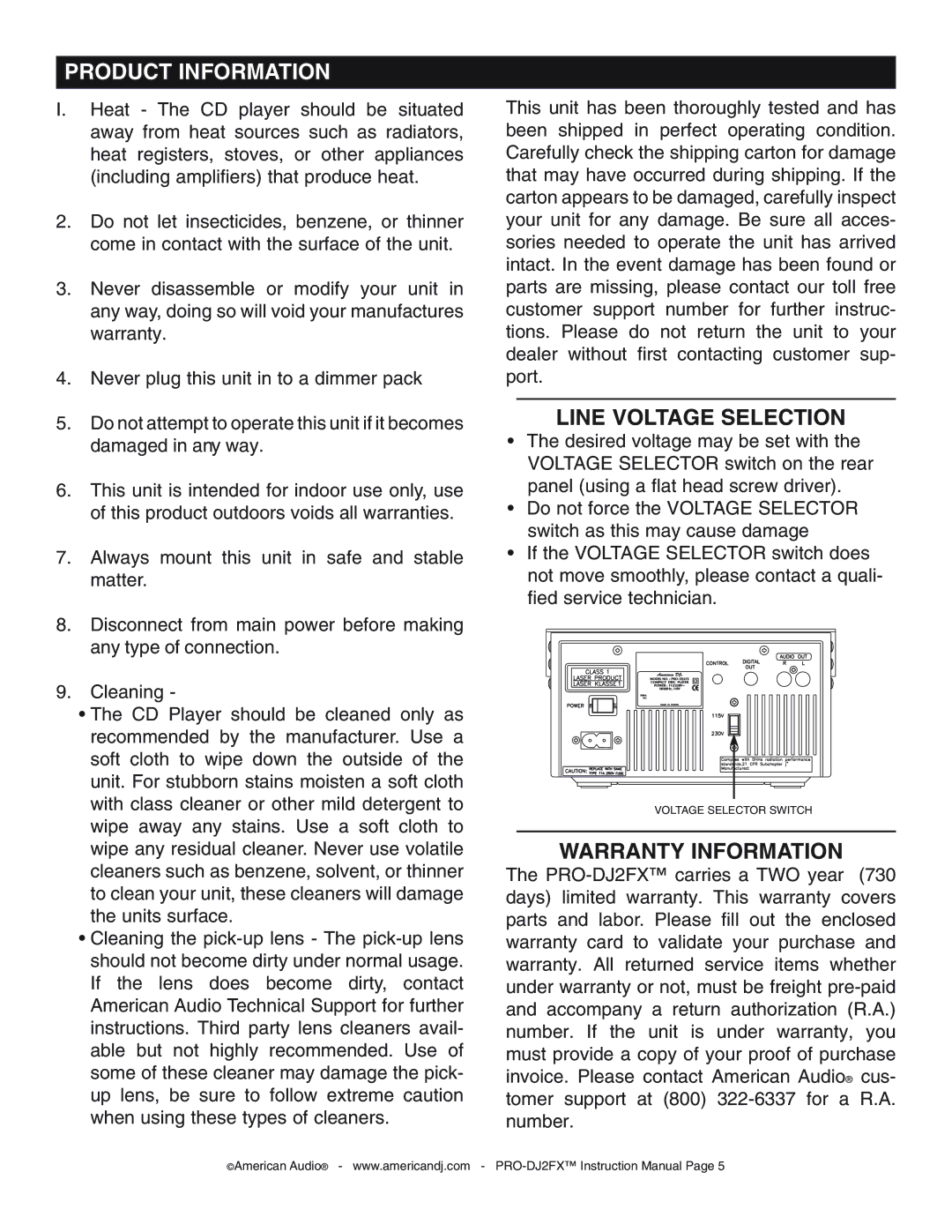 American Audio PRO-DJ2FX operating instructions Product Information, Line Voltage Selection 