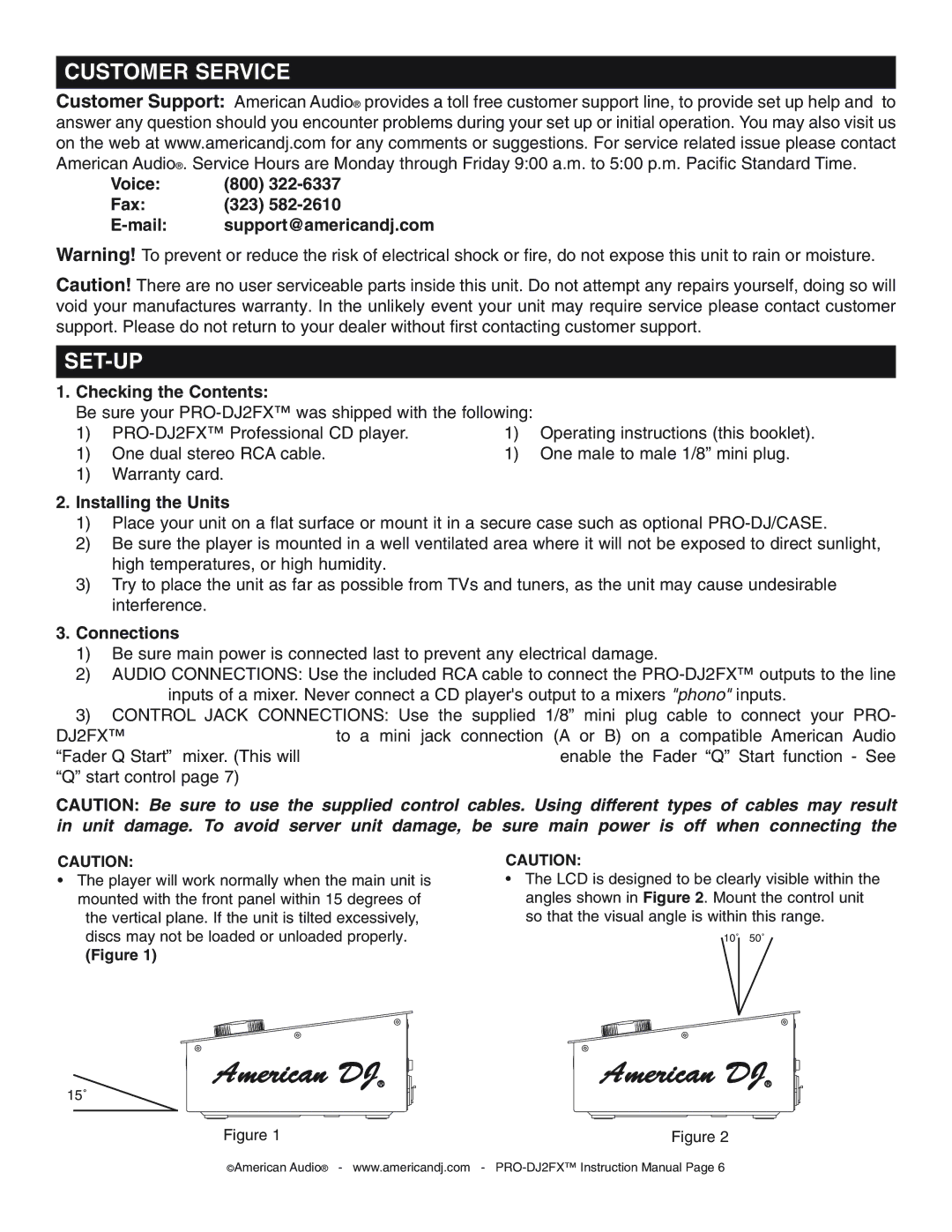 American Audio PRO-DJ2FX operating instructions Customer Service, Set-Up 