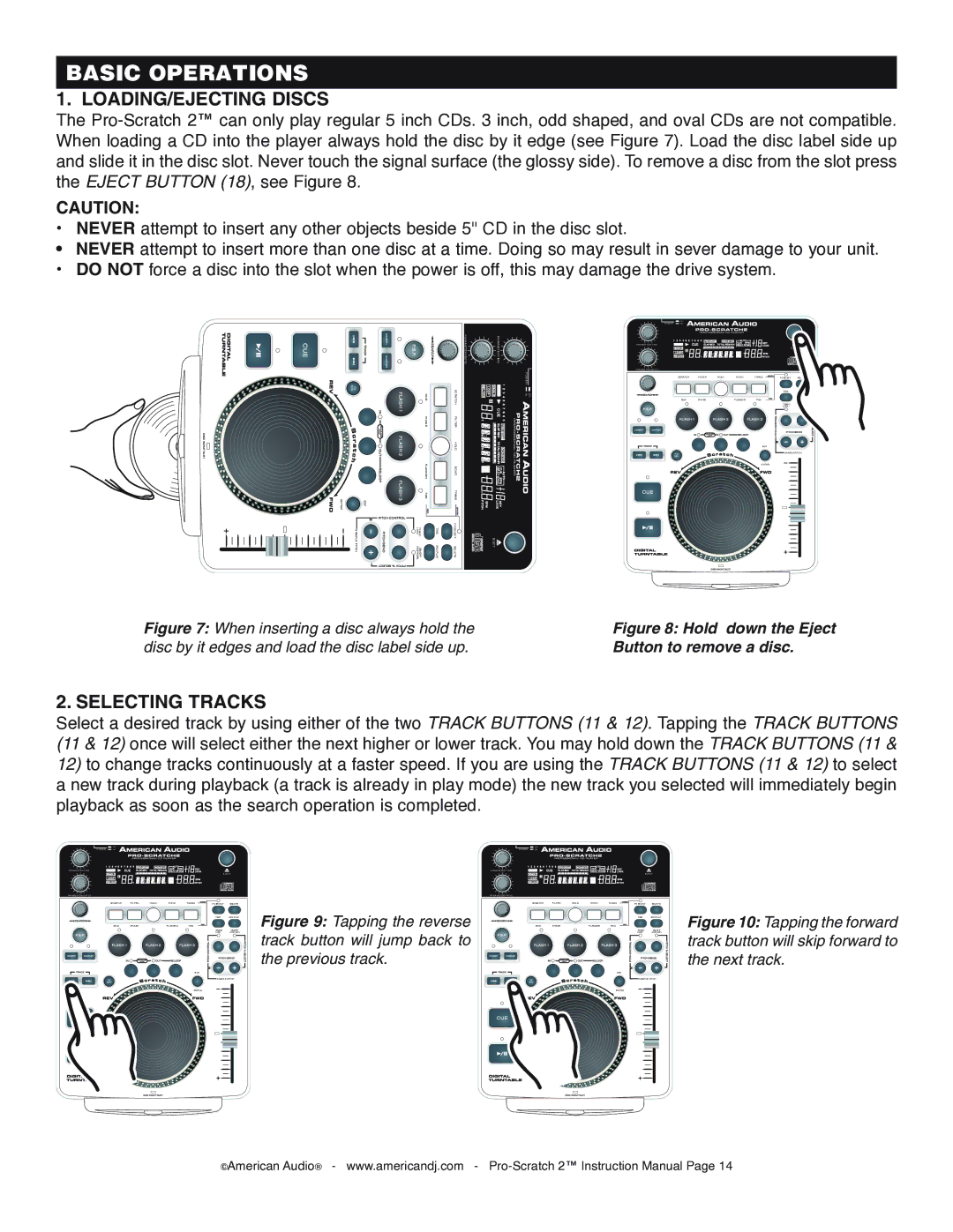 American Audio Pro-Scratch 2 manual Basic Operations, LOADING/EJECTING Discs, Selecting Tracks 