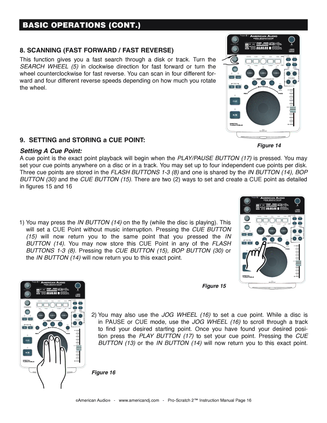 American Audio Pro-Scratch 2 manual Scanning Fast Forward / Fast Reverse, Setting and Storing a CUE Point 