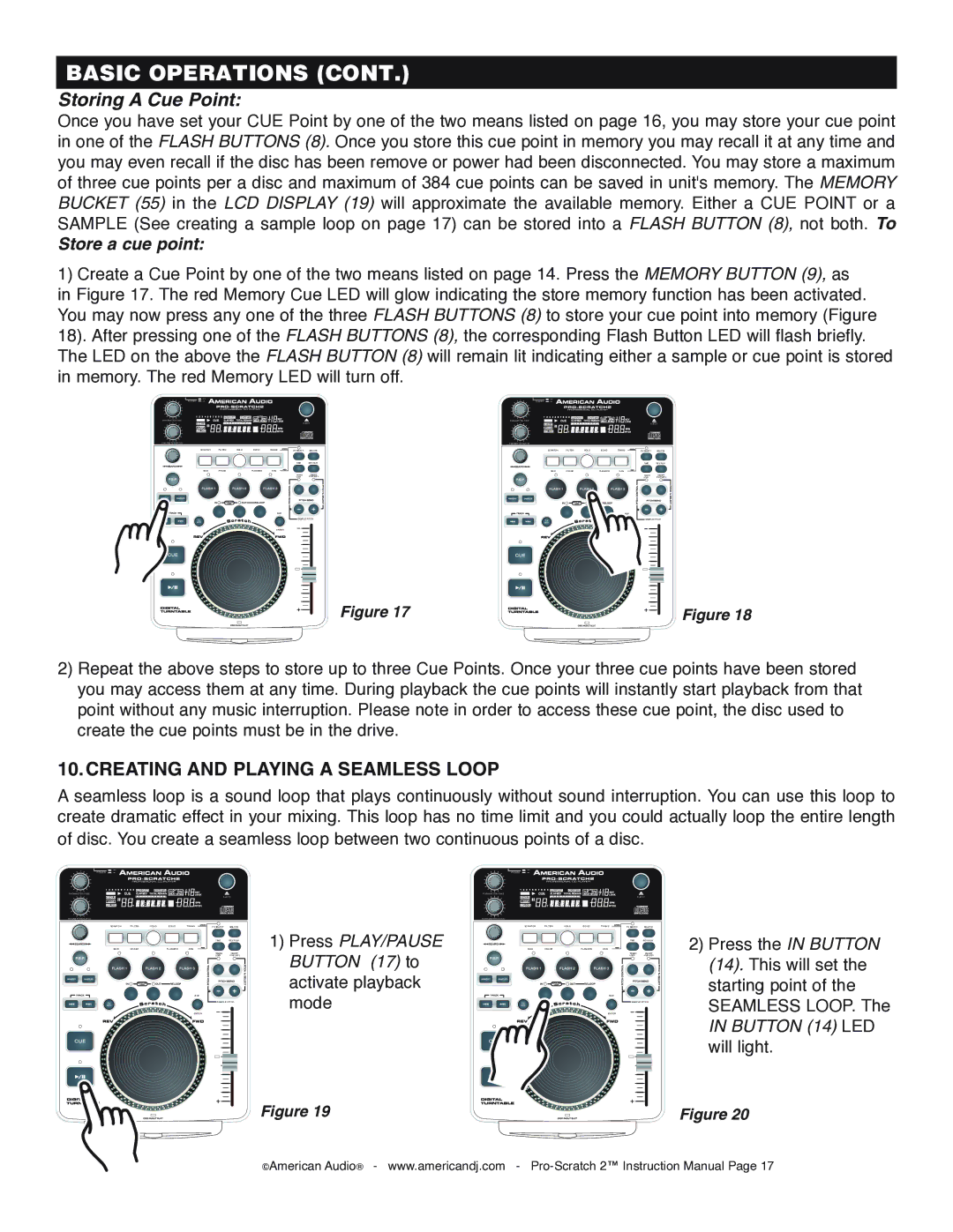 American Audio Pro-Scratch 2 manual Storing a Cue Point, Creating and Playing a Seamless Loop 