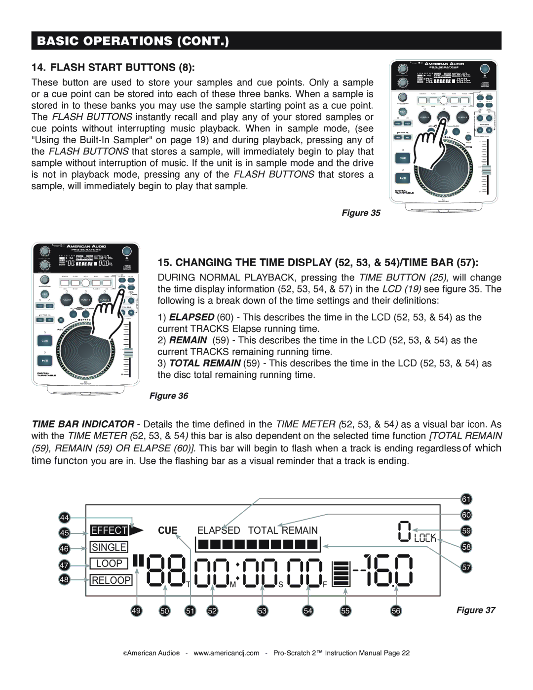 American Audio Pro-Scratch 2 manual Flash Start Buttons, Changing the Time Display 52, 53, & 54/TIME BAR 