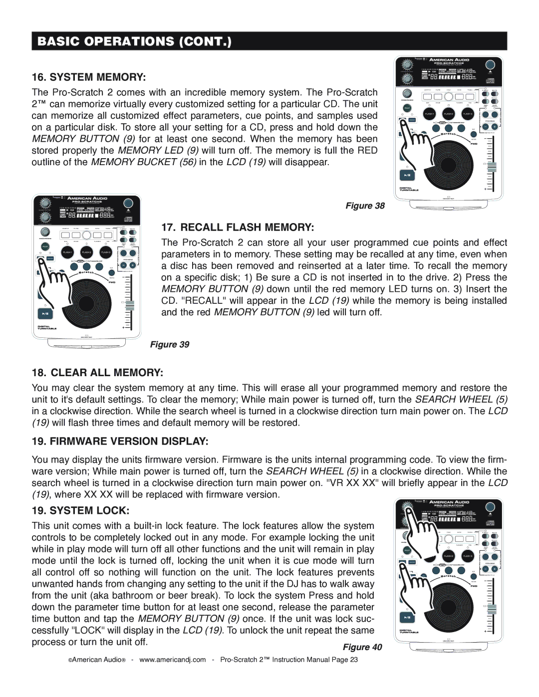 American Audio Pro-Scratch 2 System Memory, Recall Flash Memory, Clear ALL Memory, Firmware Version Display, System Lock 