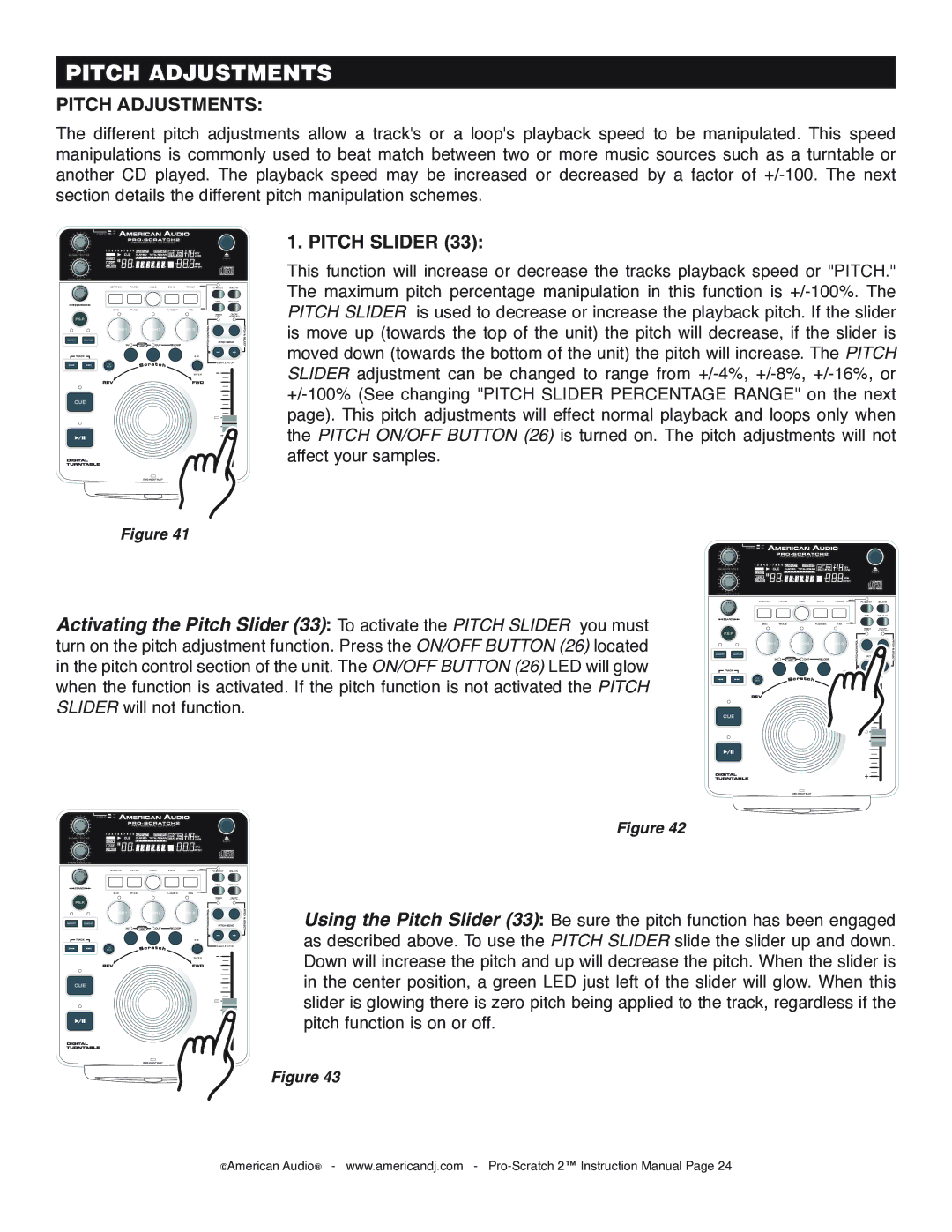 American Audio Pro-Scratch 2 manual Pitch Adjustments, Pitch Slider 