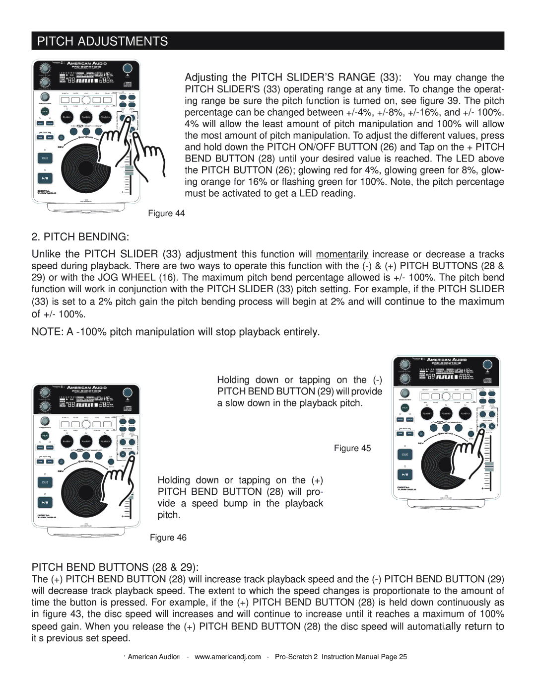 American Audio Pro-Scratch 2 manual Pitch Bending, Pitch Bend Buttons 28 