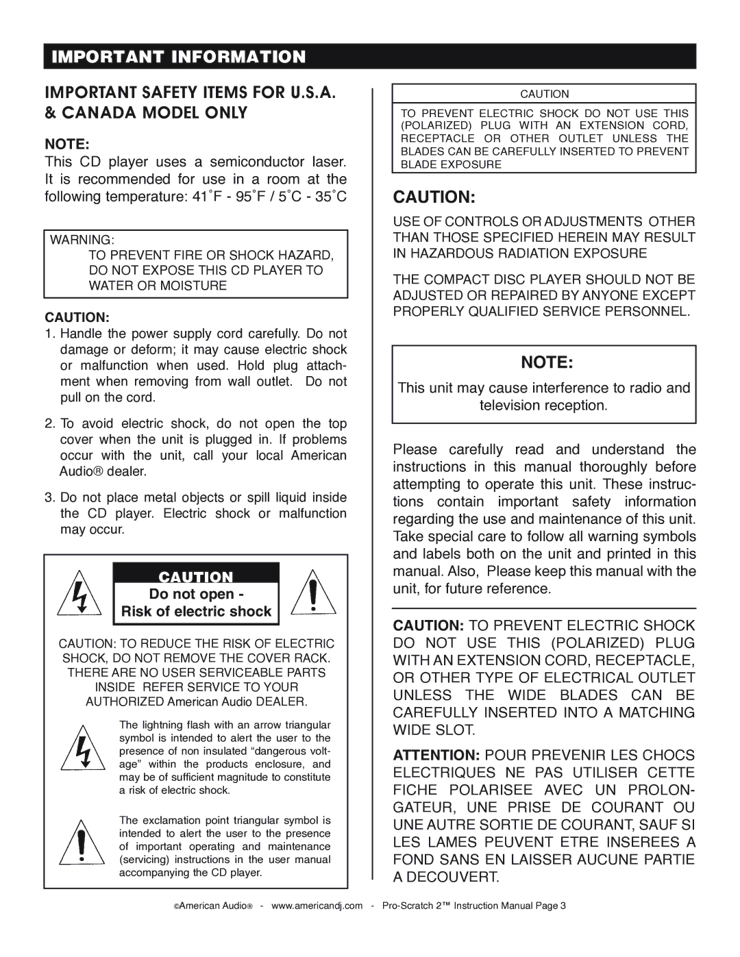 American Audio Pro-Scratch 2 manual Important Information, Do not open Risk of electric shock 